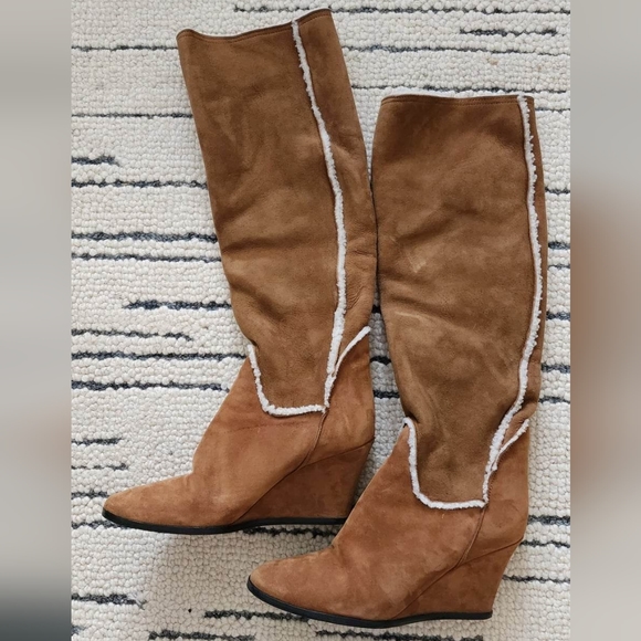 Lanvin Knee High Wedge Boots With Shearling Lining In Camel Suede Boots size 37 - Picture 2 of 8